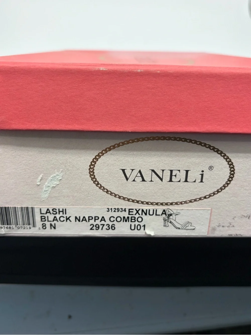 Vaneli Black Twisted Strap Mid-Heel Sandals